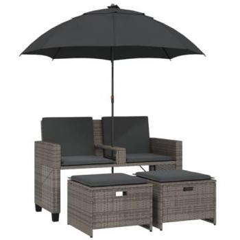 VidaXL Gartensofa 2-Sitzer mit Hockern und Sonnenschirm Grau Poly Rattan
