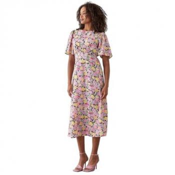 Dorothy Perkins Pink Floral Flutter Sleeve Shirred Waist Midi Dress, Size 10, Color: Pink