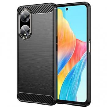Funda Antigolpes de Silicona Negra para Oppo A98 5G con Fibra de Carbono