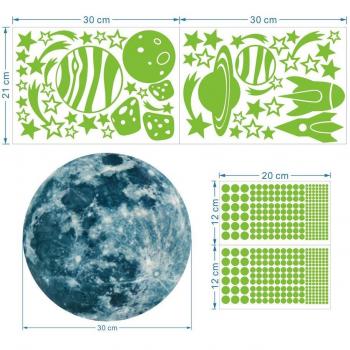 Decoración de pared con pegatinas de cohete, luna y estrellas luminosas