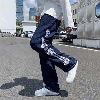 Men's Hip Hop Wide Leg Jeans with Skeleton Embroidery