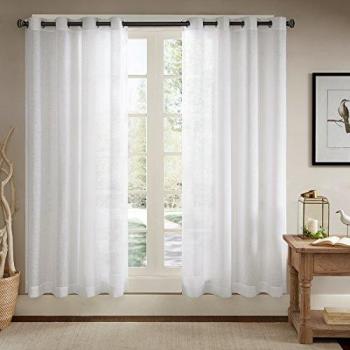 Solid Sheer Faux Linen Voile Window Curtain Sets, Grommet Top, 2 Panels (Off White, 56 W*97 L)
