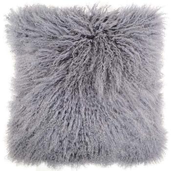 Grey Mongolian Long Curly Wool Sheepskin Pillow, 60 cm Square
