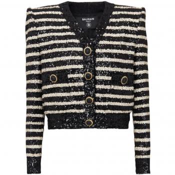 Balmain Giacca Crop Strisce Paillettes Nera 38
