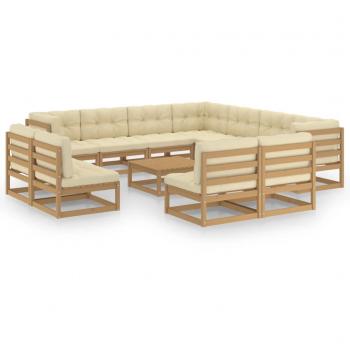 Muebles de jardín 12 piezas marrón miel con cojines de pino