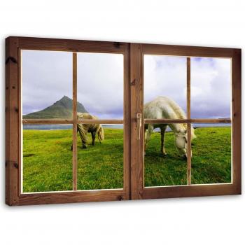 Feeby Impression Sur Toile – Fenêtre, Vue Chevaux 60x40 Vert (version double)