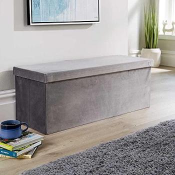 Home Source Extra Large Folding Ottoman Grey Flat Velvet Fabric Chest Storage Space Saving