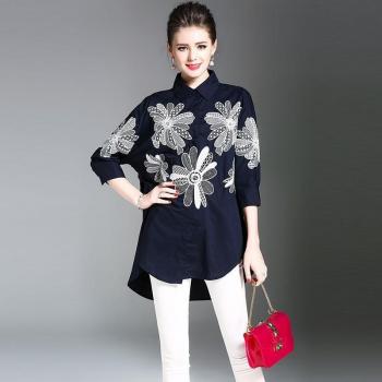 Borisovich Camisa de Blusa Largo para Mujer, Otoño, Cuello Abatido, Detalle Floral