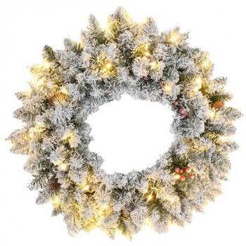HOMCOM 60cm Snowy Berry Christmas Wreath with LED Lights and Pine Cones