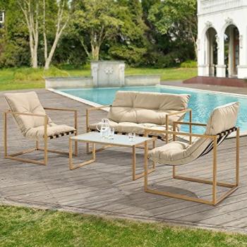 Set d'extérieur Dallas – mobilier acier, coussins bois kaki noir