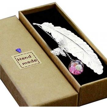 Toirxarn Silver Feather Bookmark with Pink White Flower Pendant