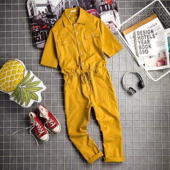 Men's Loose Fit Summer Jumpsuit, Cotton, Lapel, Short Sleeve, Ankle Length, Black and Yellow