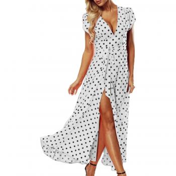 Vestido Largo Elegante para Mujer ACHIOOWA Lunares Cuello V Manga Corta Blanco