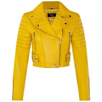 Infinity Leather Women’s Brando Cropped Leather Jacket – Longtown, Yellow, Size 14 UK