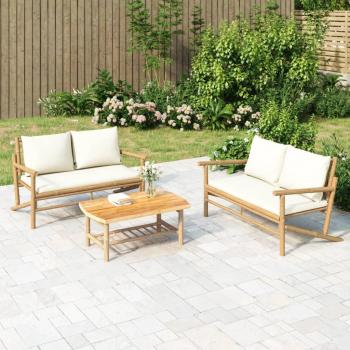 Banc de jardin en bambou avec coussins crème
