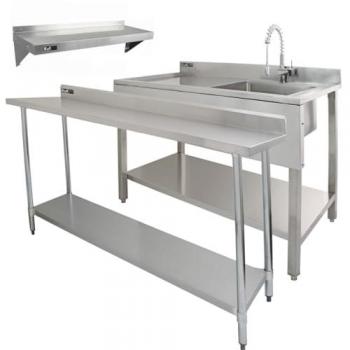 6ft Stainless Steel Catering Bench with Left Hand Sink Drainer and Accessories