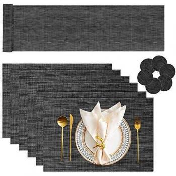 Premium LKKCHER 6-Set Placemats & Coasters (Black) with Long Anti-Slip Table Mat