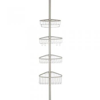 Rangement angulaire douche téléscopique inox, 4 étages avec crochets intégrés