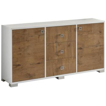 Buffet Chic 2 Portes 3 Tiroirs en Bois Chêne et Blanc Brillant Sting 160cm