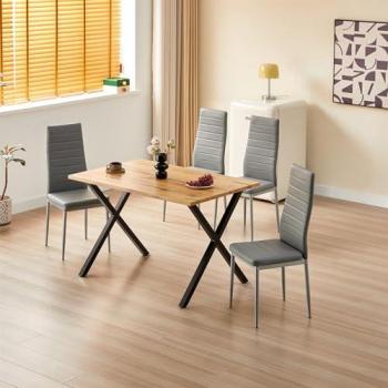 Premium Brown Oak Dining Table and 4 Grey Leather Chairs