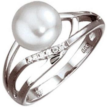 Goldener Damen‑Ring JOBO – 1 Süßwasserperle, 6 Diamanten (585 Weißgold, Gr. 52)