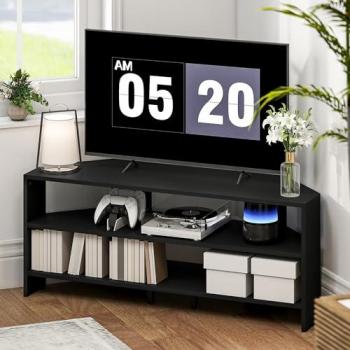 47 TV Corner Frame Stand – Black, Open Shelving
