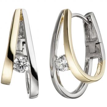 Creolen Ohrringe 925 Sterling Silber bicolor mit Zirkonia