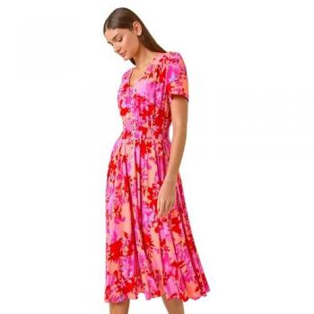 Midi Dress with Shadow Floral Print and Shird Detail