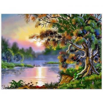 Kreuzstich-Landschaft mit Diamanten – Baum‑Mosaik, 20x30 cm