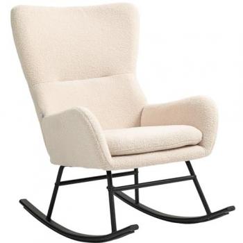 Fauteuil à bascule néo-rétro en acier noir avec assise épaisse beige effet laine bouclée