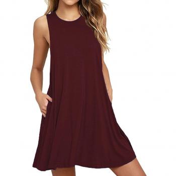 HAOMEILI Women’s Wine Red Sleeveless Casual Swing T-Shirt Summer Dress with Pockets