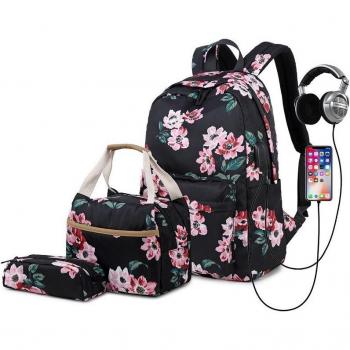 15-inch Laptop Backpack Set for Teen Girls with Waterproof Nylon, Lunch Tote, and Purse