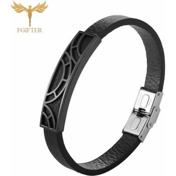 Chic Women's Black Leather and Gold Stainless Steel Bracelet, Adjustable 17/18.5/20cm