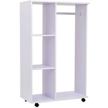 HOMCOM Armario Abierto Colgador 80x40x128cm Colgar Ropa Madera Blanco Colgador Ruedas