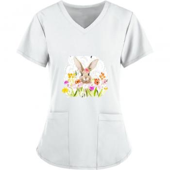 V‑Shaped Bunny Print Nursing Blouse, Short Sleeve, Working Uniform