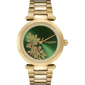 Olivia Burton Signature T-Bar Green‑Gold Floral Wristwatch