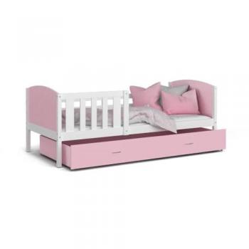 Lit enfant Tomy 90x190 Blanc-Rose, avec tiroir de rangement