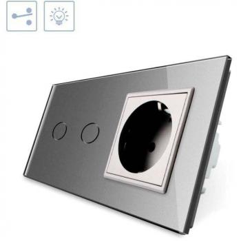 LEDBOX Conmutador táctil 2 botones + 1 enchufe frontal gris