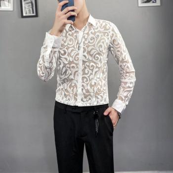 Long Sleeve Transparent Lace Shirt for Men