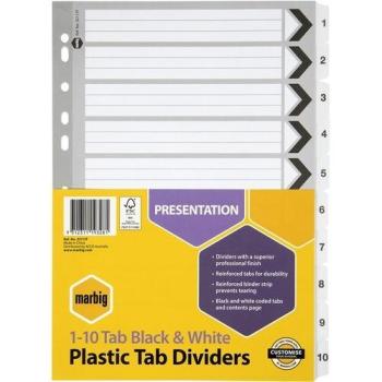 Marbig A4 Color‑Coded Dividers – Black/White, 1‑10 Tabs