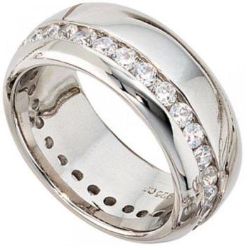 JOBO Damenring breit 925 Sterling Silber rhodiniert Zirkonia rundum Größe 50
