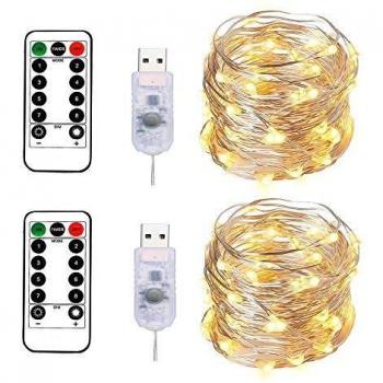 BXROIU 100LEDs Micro Fairy Lights 10 Meter Silver Wire with USB Remote Control 8 Program and Timing Dimming LED Lights for Party, Christmas, Wedding, Lighting Decoration Pack of 2 (Cool White)