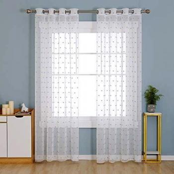 Voile en tissu bleu jacquard, motif œillet – Lot 2 rideaux chambre enfant (140x245 cm)