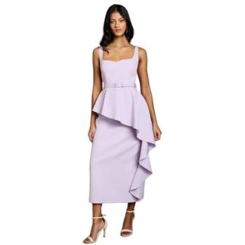 Lilac Crepe Belted Ruffle Skirt Pencil Dress for Women, Petite (10)