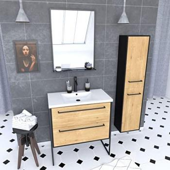 Specchio-Colonna Aurlane 80 – Lavabo Bianco con Design Rovere e Nero