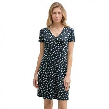 Tom Tailor Sommerkleid mit Gesamtprint – Schwarze Raffungen