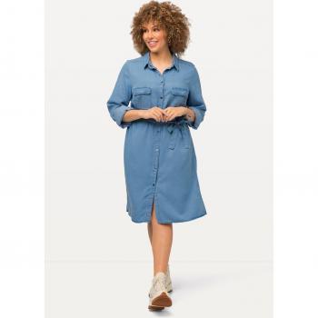 Abito chemisier lungo svasato in lyocell, effetto denim, maniche lunghe, Donna, Blu, Taglia 52/54