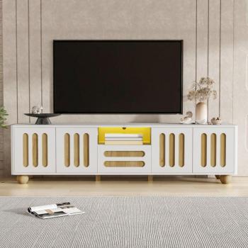 Mobile TV Chic 180x40x47 cm – Bianco & Legno, 4 ante, cassetto, luce LED