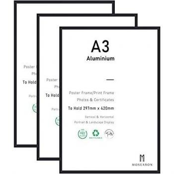 PlexiFoto A3 – Set di 3 Cornici in Alluminio Nero con Certificato
