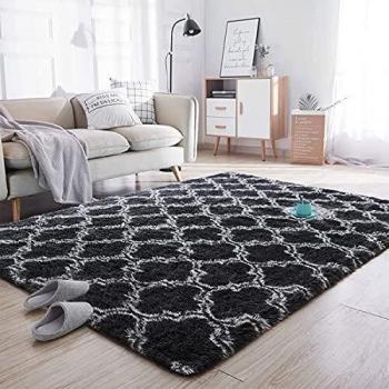 Calore Plush Shaggy Area Rug for Bedroom (Black, 135 x 185 cm)